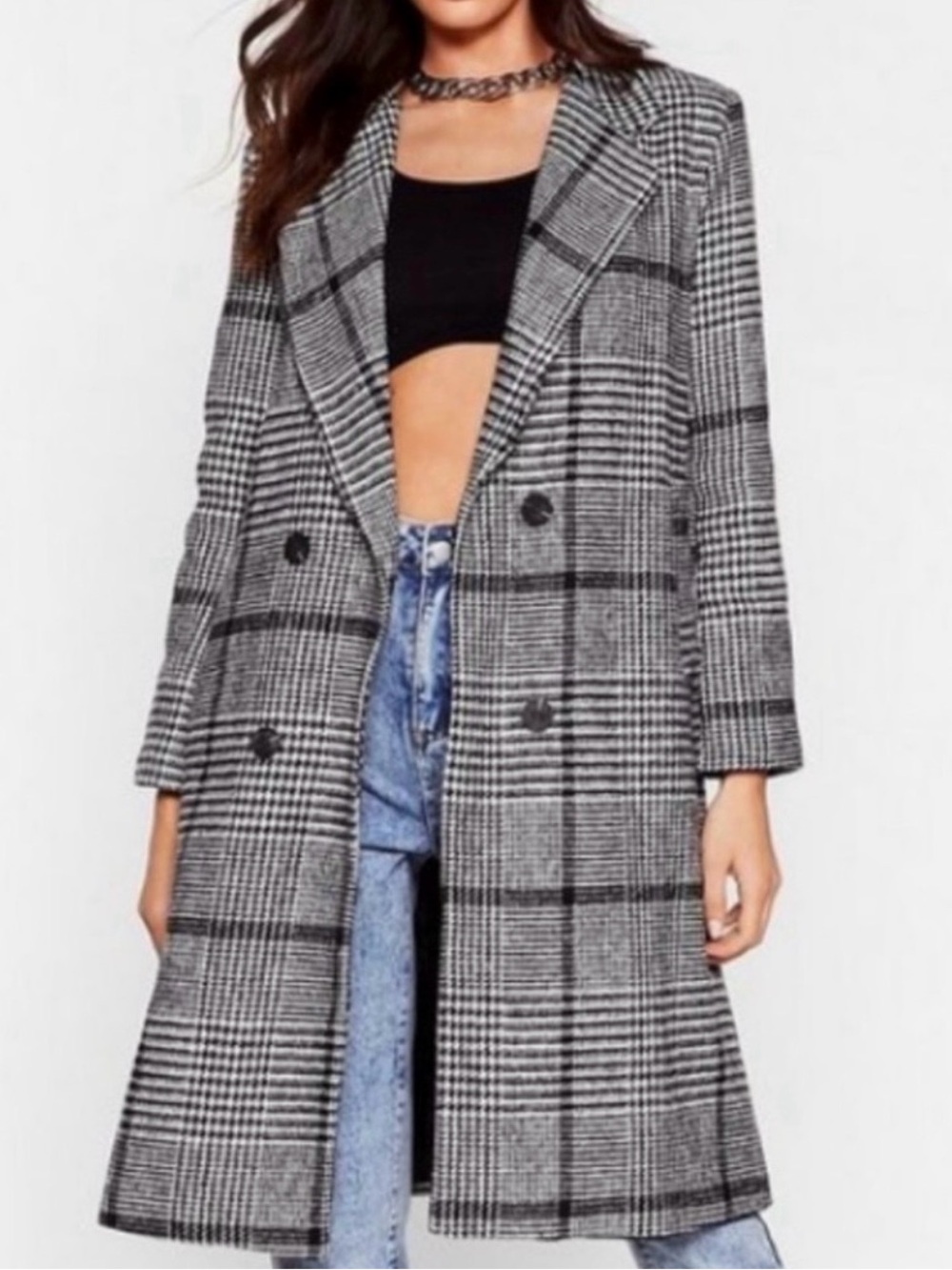 Nasty Gal Double Breasted Glen Plaid Long Faux Wool Coat - Medium